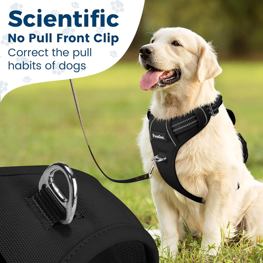 Funfox Dog Harness No Pull, Adjustable Dog Vest Harness Super Soft, 2 Leash Clips Anti Pull, Vertical Handle Easy to Control, Reflective Night Walking for Large Breed, Black, L