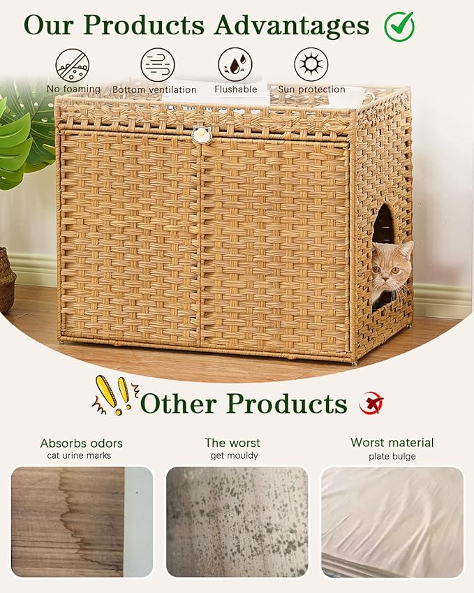 SETVSON Cat Litter Box Enclosure Furniture, Handwoven Rattan Hidden Litter Box - Image 3