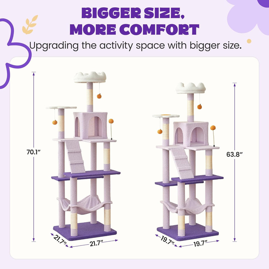 MWPO Flower Large Cat Tree, 70.1-Inch Multi-Level Tall Cat Tower for Indoor Cats, Plush Cat Condo with Big Padded Perches, Sisal-Covered Scratching Posts, Hammock, Toys for Kittens & Cats