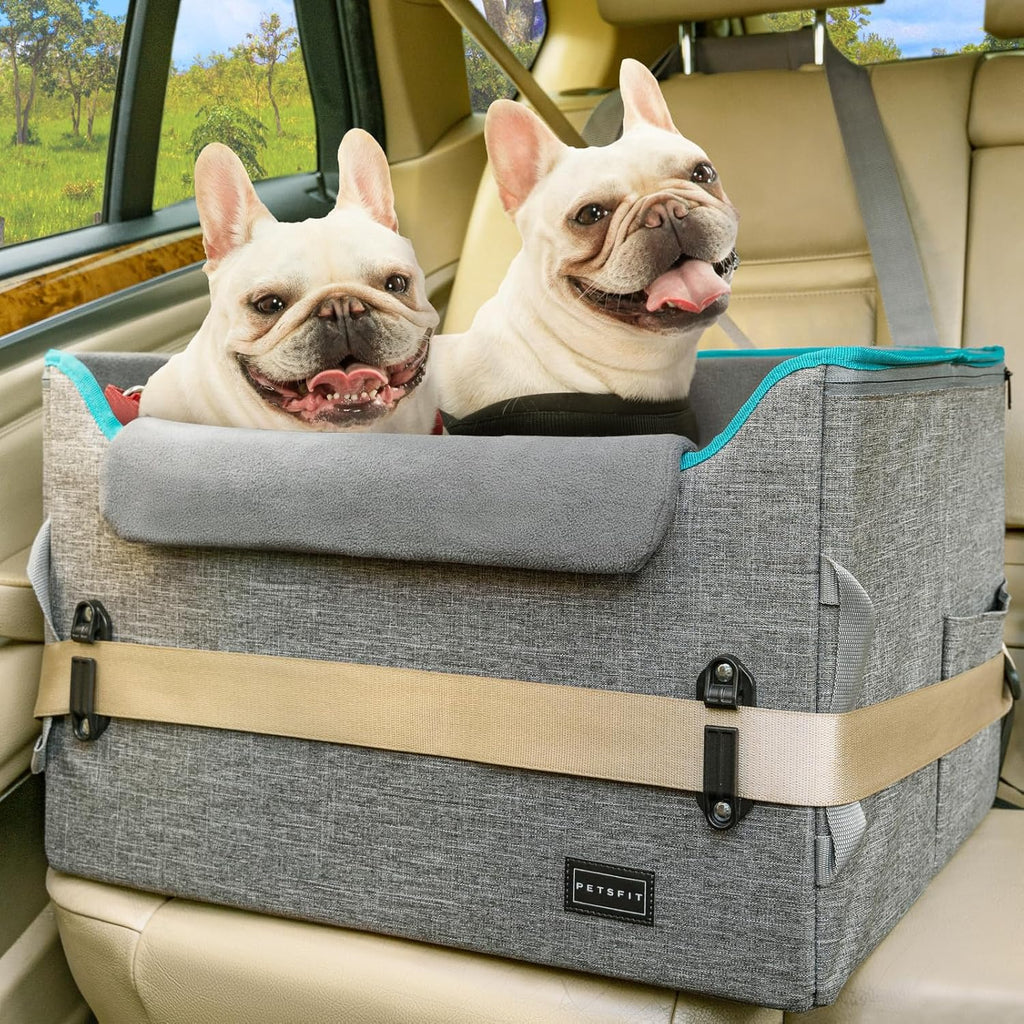 PETSFIT Dog Booster Car Seat for Small/Medium Dogs, Dog Car Seat for Medium Sized Dog with 2 Clip-On Safety Leashes and Patented Buckles, Pet Car Seat with Storage Pockets for Pets Under 45Lbs (Grey)