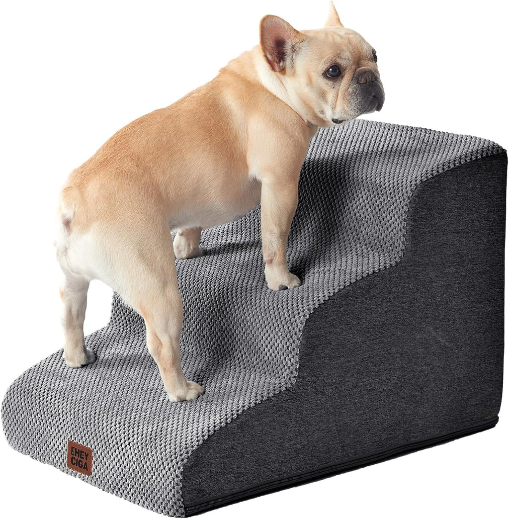 EHEYCIGA Curved Dog Stairs Ramp for Small Dogs 15.7" H, 3-Step Dog Steps for Couch Sofa and Chair, Pet Stairs for Cats, Non-Slip Balanced Pet Steps Indoor, Grey