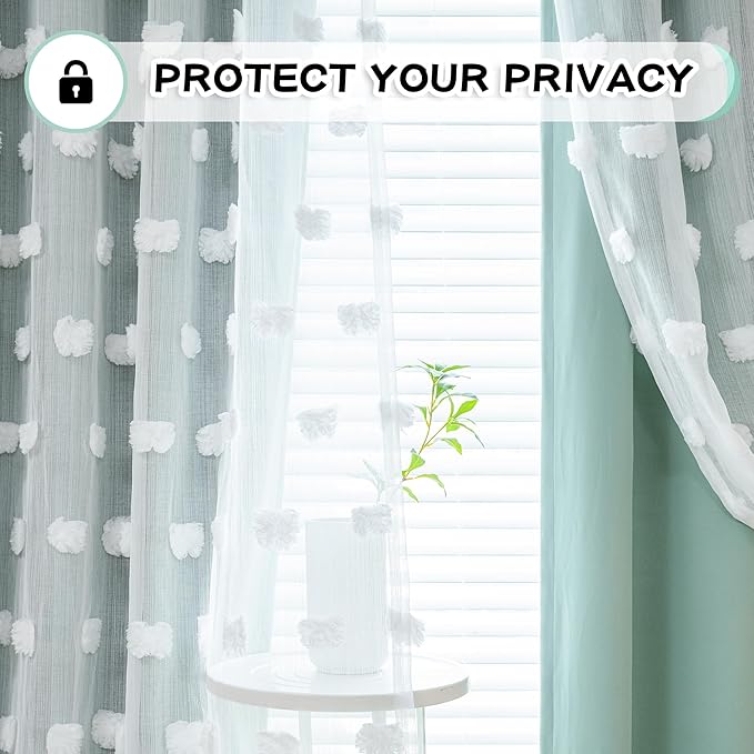 MYSKY HOME Aqua Living Room Curtains Kids Curtains for Boys Bedroom 84 Inches Long Double Layer Curtains for Kids Room Darkening Grommet White Pom Pom Sheer Blackout Curtains 52 x 84 Inch 2 Panels