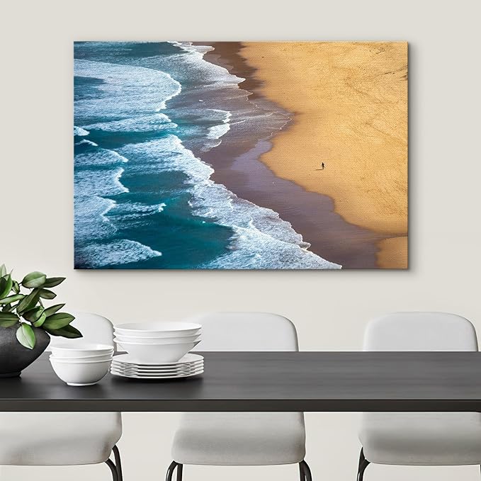 SIGNWIN Canvas Wall Art Serene Ocean Shoreline Aerial Beach View with Rolling Waves and Lone Surfer Photography Modern Art Rustic Landscape Relax/Calm for Living Room, Bedroom - 32"x48"