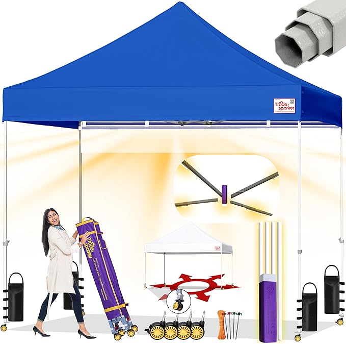 Tradesparker 10x10 Pop Up Canopy Tent,Commercial Movable Canopy with ApexCore LED & Rugged Casters-Instant Easy Setup Shelter Canopies with Weight Bags & Stakes for Oudoor Events Markets Vendors,Blue