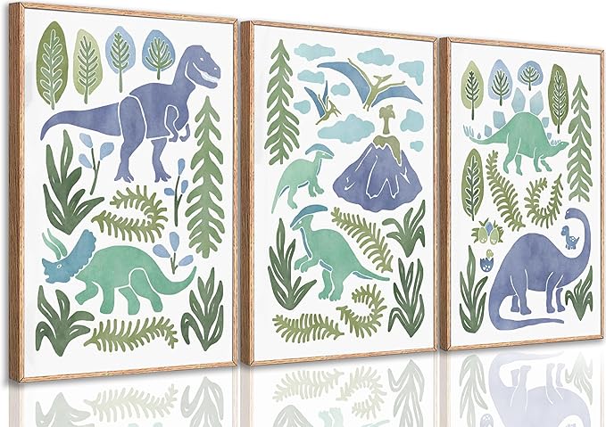 Baby Boys Nursery Wall Art Blue Green Dinosaur Pictures Wall Decor Stegosaurus T-Rex Triceratops Pterodactyl Posters Artwork Watercolor Dino Painting Canvas Prints for Kids Room Toddler Boy Room Decor