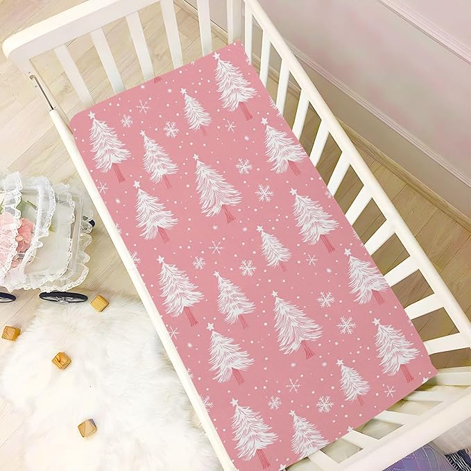 Christmas Pinks Trees Snowflakes Crib Sheets Soft Breathable Fitted Baby Crib Sheets Mattress Cover for Girls Boys, 52" x 28" x 9"