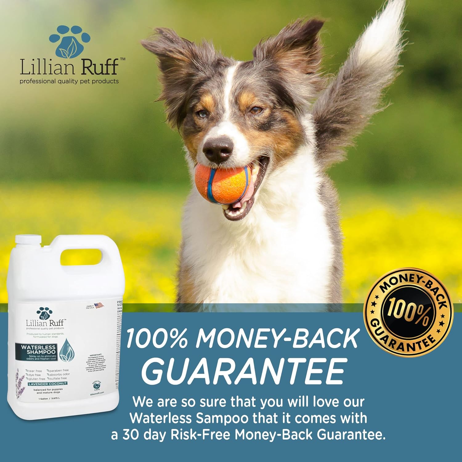 Lillian Ruff Waterless No-Rinse Dog Dry Shampoo Spray with Hydrating Essential Oils - pH-Balanced Dry Shampoo for Dogs - Clean, Condition, Detangle & Deodorize Dry, Sensitive Skin (Gallon)