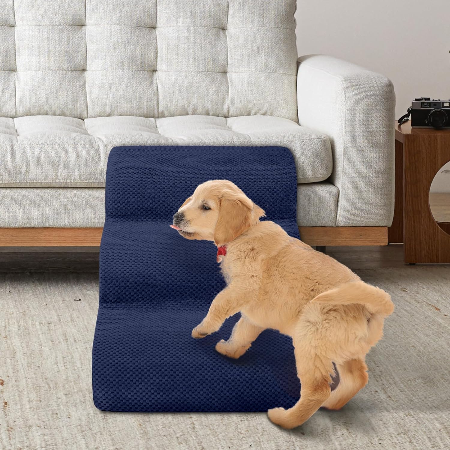 Dog Stairs for Small Dogs - High Density Foam Pet Steps, Extra Wide Dog Ramp with Non-Slip Bottom for High Beds, Couch and Sofa, Best for Dogs Injured, Older Doggy Cats, 3 Steps, Navy