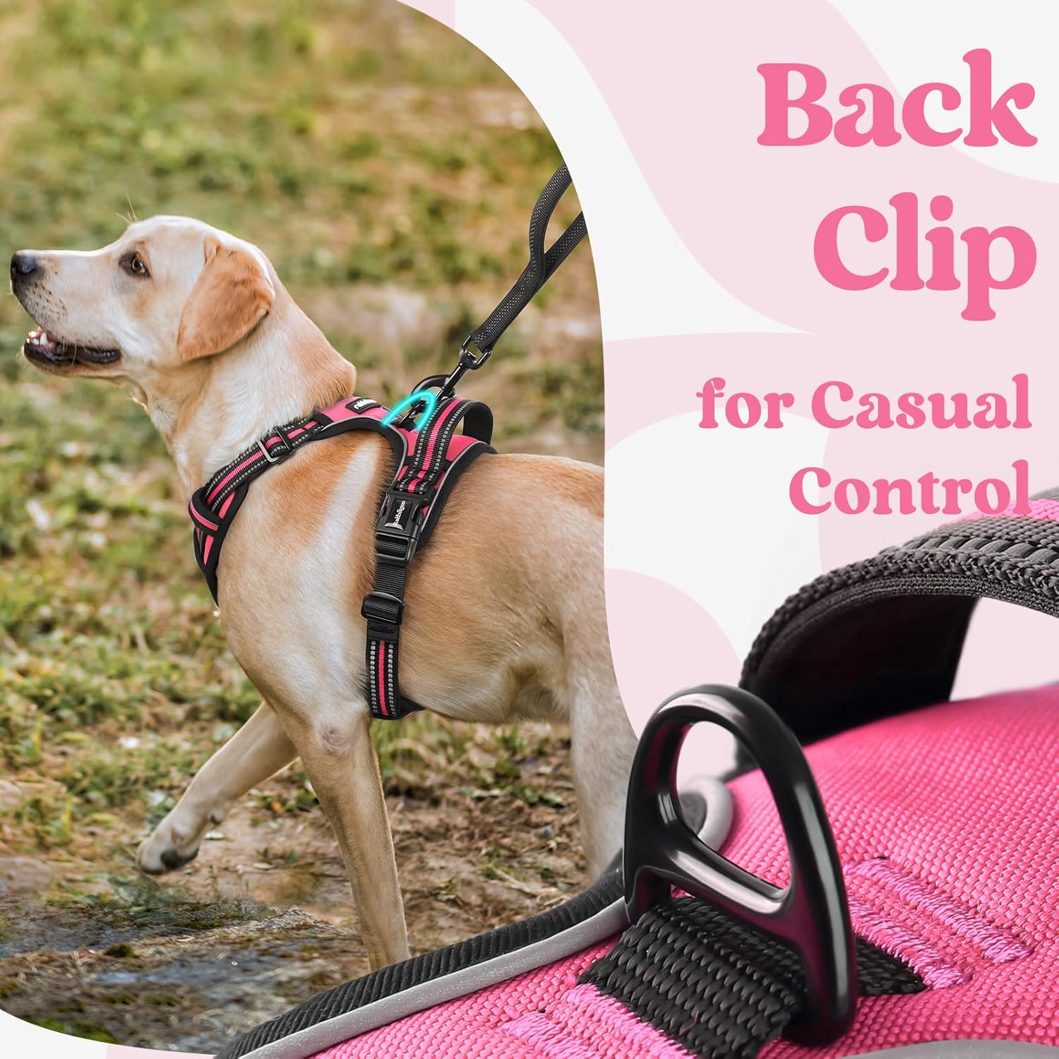 rabbitgoo Dog Harness for Large, No Pull Pet Harness with 3 Buckles, Adjustable Soft Padded Vest with Control Handle, Walking Reflective Pet Vest for Large Dogs, Rose Pink, L