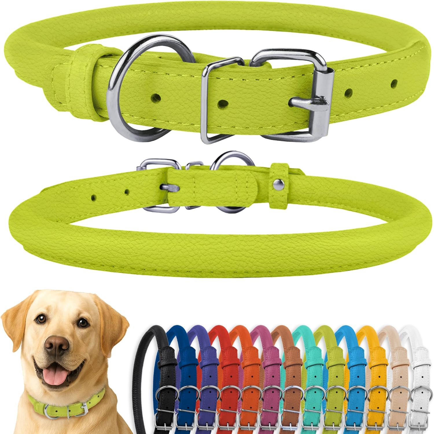 CollarDirect Rolled Leather Dog Collar, Soft Padded Round Puppy Collar, Handmade Genuine Leather Collar Dog Small Large Cat Collars 13 Colors (15-19 Inch, Lime Green Textured)