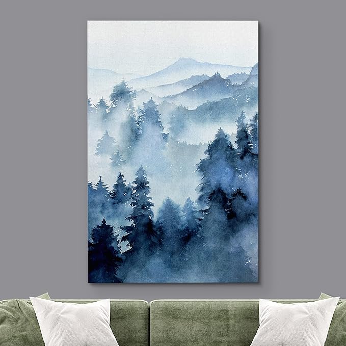 SIGNWIN Canvas Print Wall Art Woodland Nursery Decor Blue Winter Mist Pastel Mountain Forest Nature Illustrations Modern Art Decorative Landscape Colorful for Living Room, Bedroom, Office - 16"x24"