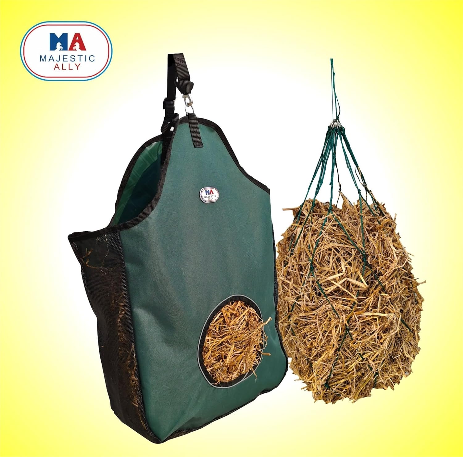 Majestic Ally 1200 D Hay Feeder Tote Bag for Horses, Sheep with Reflective Trim- Reduces Waste - Comes with 36” Hay Net. (Hunter Green)