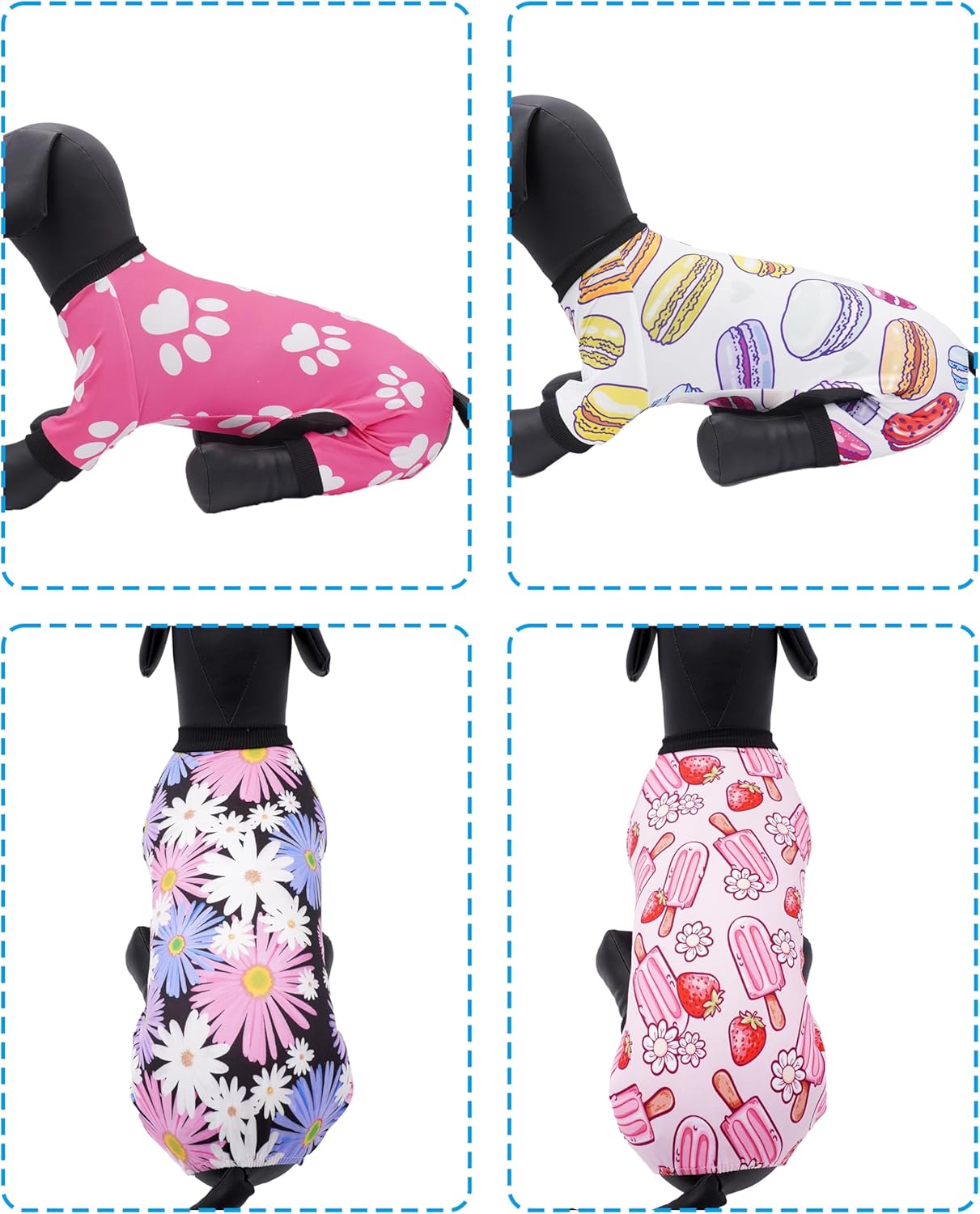 PET SHOW 4 Pack Small Dog Pajamas Girl Doggies Soft Stretchy PJs Floral Paw Jumpsuit Puppy Cats Kitten Doughnut Ice Cream Onesies Outfits with Sleeve Pets Breathable Summer Clothes Costume XS