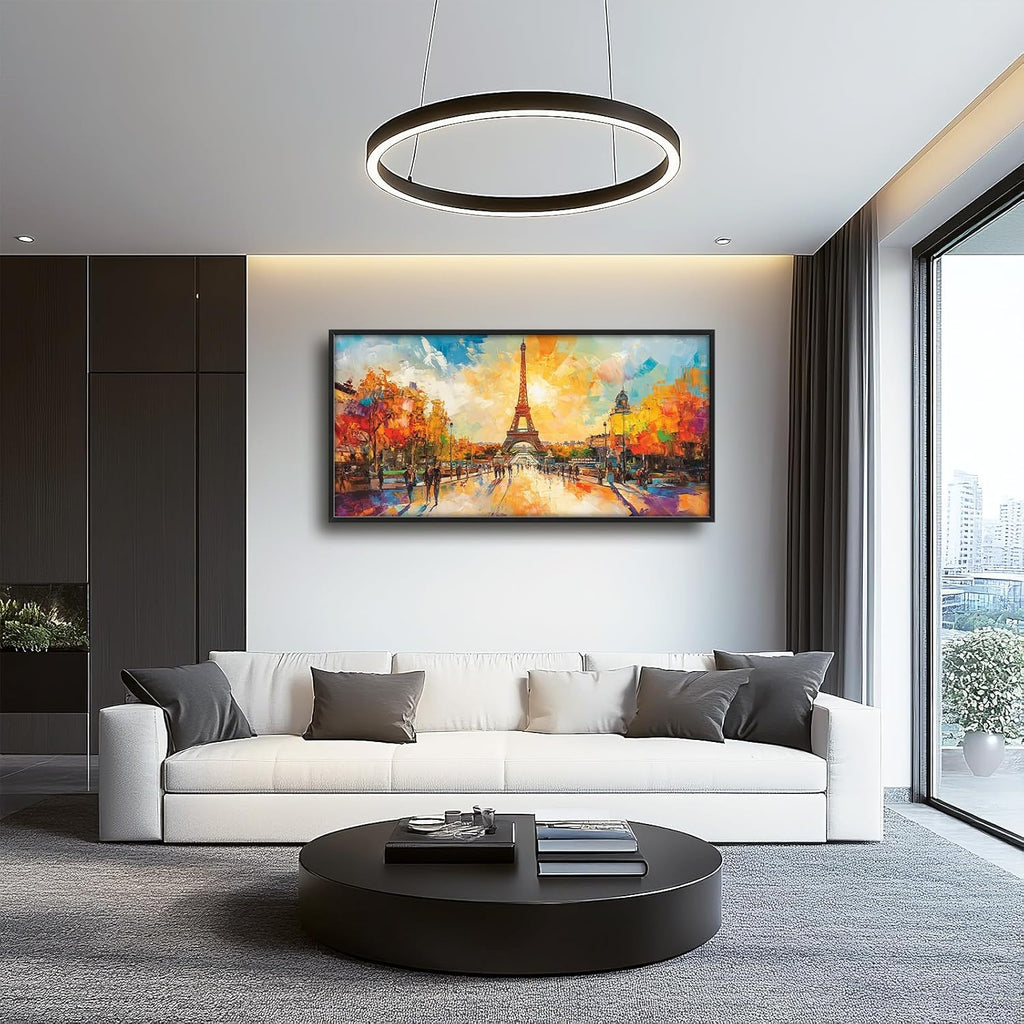 Framed Large Eiffel Tower Wall Art for Living Room, Oversized Paris City Street Landscape Wall Decor, Colorful Sunrise Canvas Painting Modern Artwork for Living Room Bedroom Office 60"x30"