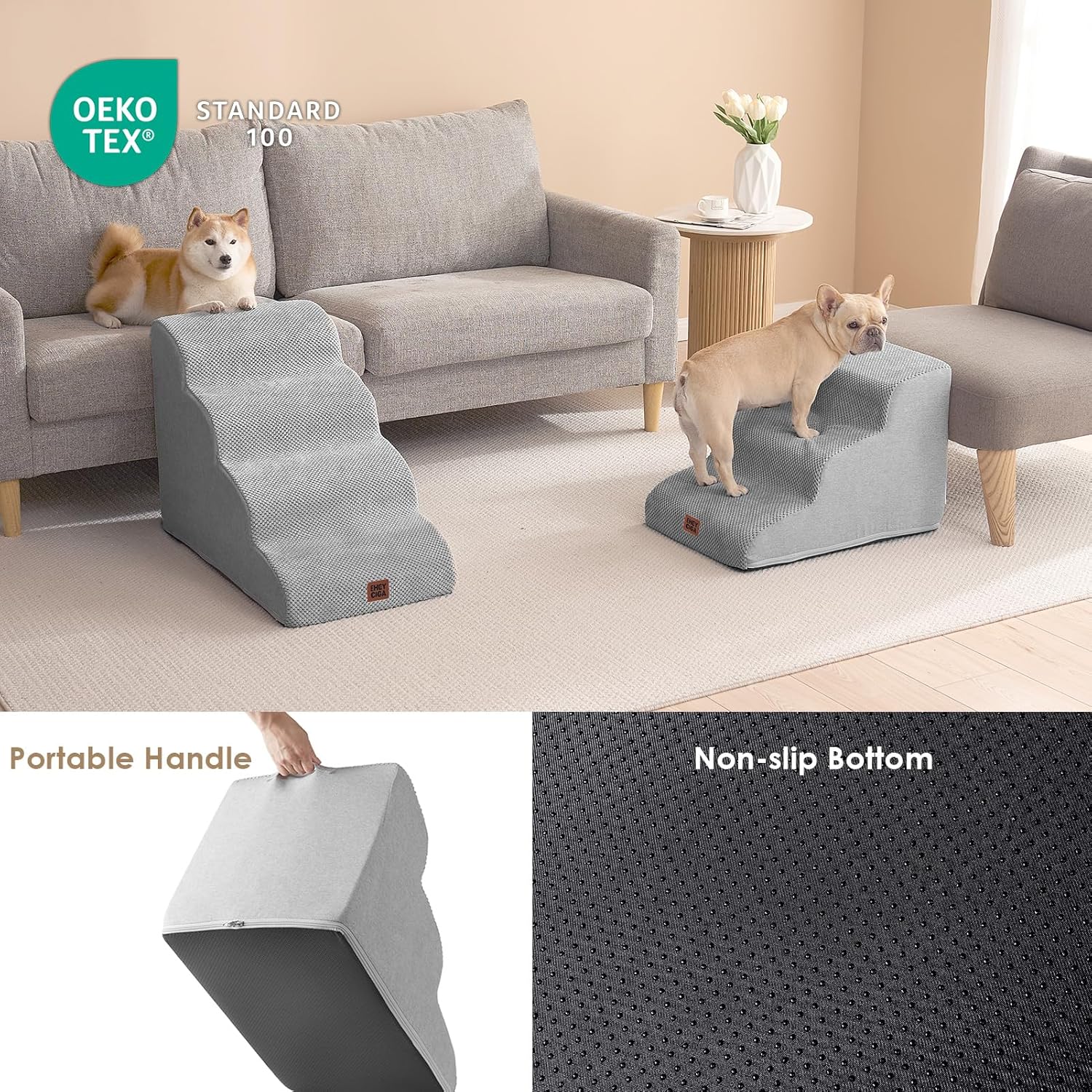 EHEYCIGA Curved Dog Stairs Ramp for Small Dogs 15.7" H, 3-Step Dog Steps for Couch Sofa and Chair, Pet Stairs for Cats, Non-Slip Balanced Pet Steps Indoor, Light Grey