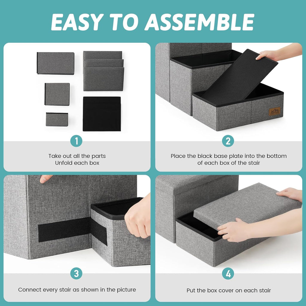 Dog Stairs with Storage, 3-Step Wider Sturdy Dog Steps for Small/Medium/Large Dogs and Older Cats, Folding Doggie Ramp for Bed/Couch/Car Hold Up to 180 lbs (16.7" H, Grey)