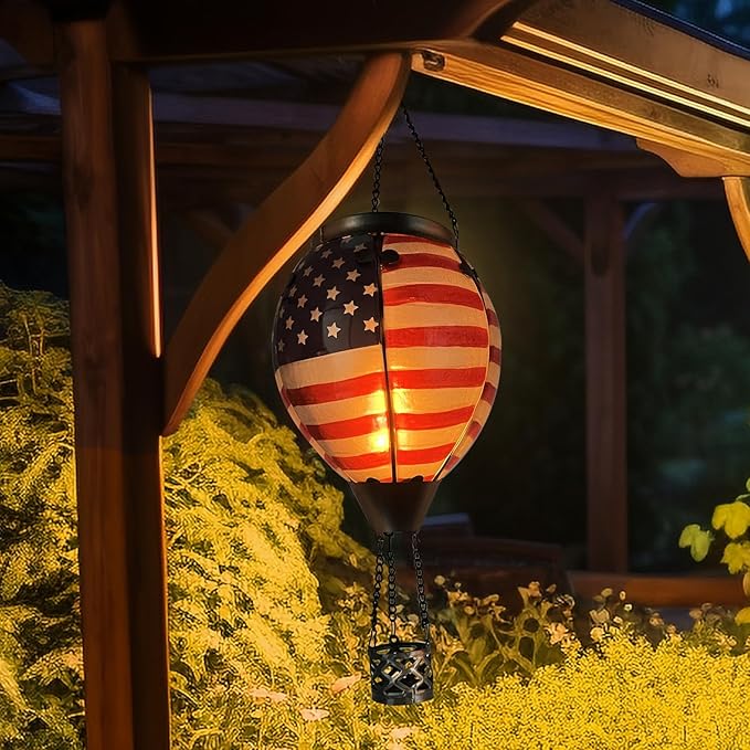 Glass Solar Hot Air Balloon Lantern with Flame Hanging Garden Flickering Light Outdoor Waterproof for Yard Patio Tree 4th of July Decorations, Flag
