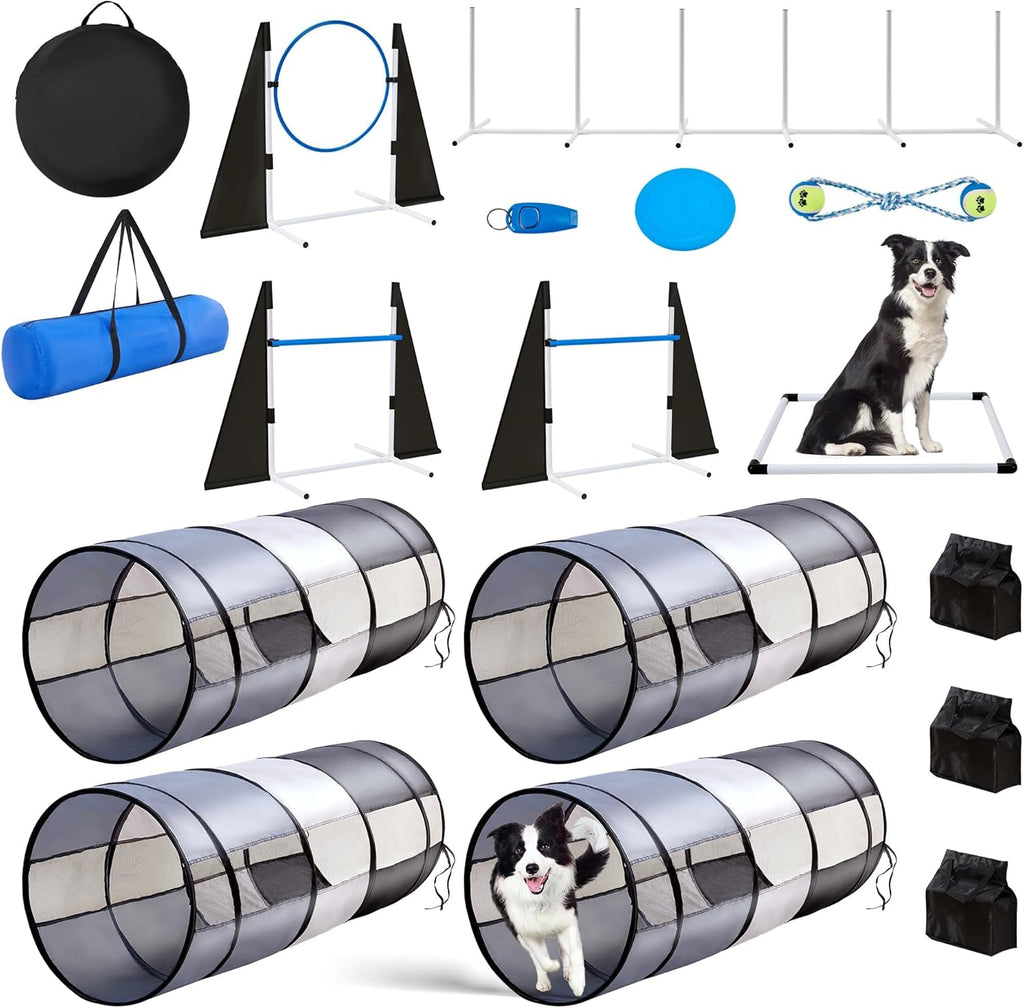 Dog Agility Training Equipment,Course Backyard Set Training Equipment for Dogs Pet Outdoor Game with Grey and Black Tunnel, Agility Hurdle, Poles, Jump Ring, Pause Box, Toy Balls and Storage Bag