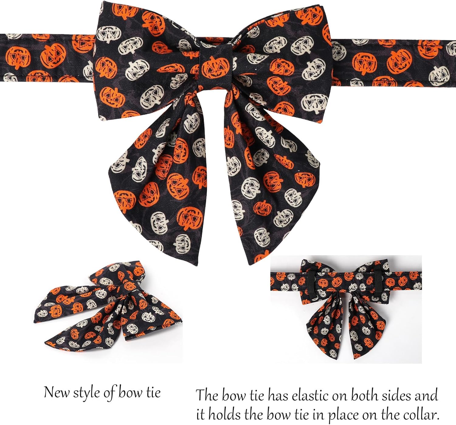 Lionet Paws Halloween Dog Collar with Bowtie - Cute Cotton Adjustable Black Bowtie Dog Collar with Metal Buckle for Small Medium Large Dog Girl Boy Gift, L, Neck 16-24in