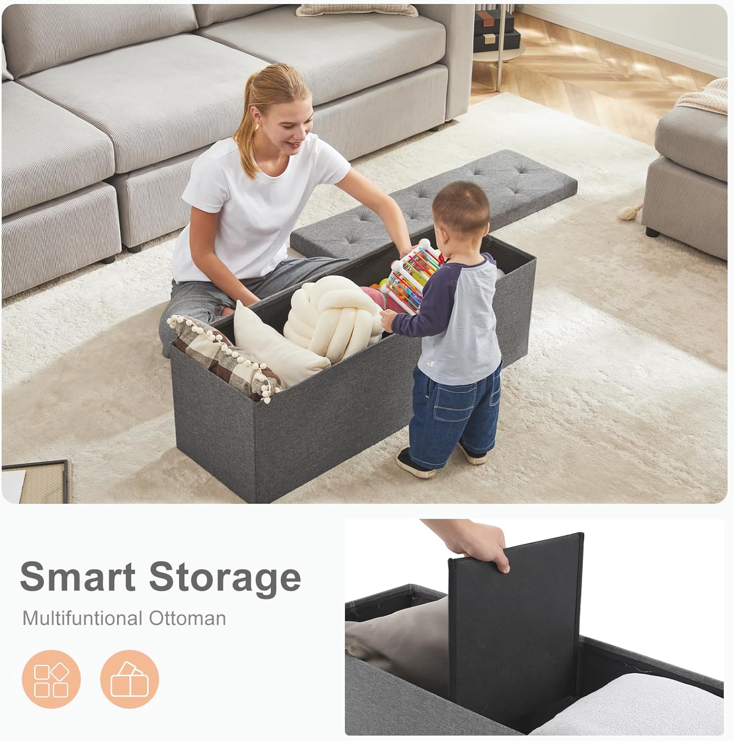 Sweetcrispy 43in Foldable Storage Ottoman Bench, Foot Rest Stool Storage Chest with Padded Seat, End of Bed Bedroom Bench for Living Room, Support 660lbs, Dawn Grey