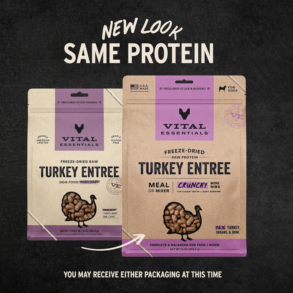 Vital Essentials Freeze-Dried Raw Turkey Meal or Mixer Dog Food Crunchy Mini Nibs, 14 oz