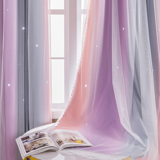 XiDi Curtains for Girls Bedroom 84 inches Length Kids Room Unicorn Princess Theme Home Decor Grey/Pink/Purple, W34 X L84 2 Panels