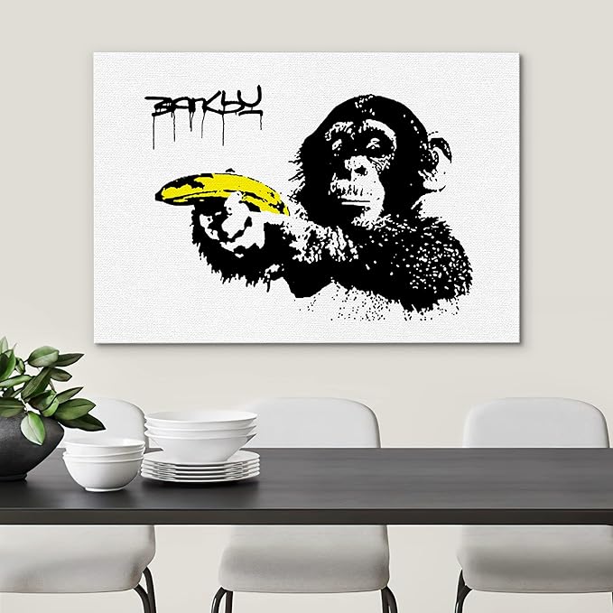 SIGNWIN Framed Canvas Wall Art Banksy Monkey with Banana Print Graffiti & Street Art Famous People Pop Art Modern Urban Multicolor for Living Room, Bedroom, Office - 24x36 inches