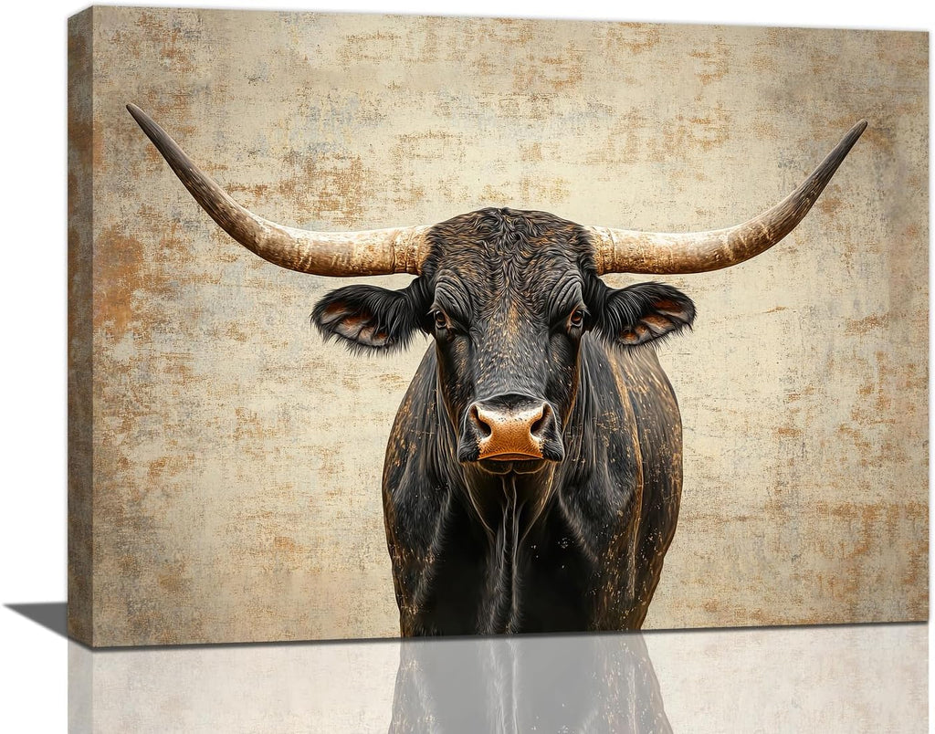 Rustic Highland Cow Pictures Wall Art, Farmhouse Black Cow Bathroom Wall Decor Animal Framed Painting Canvas Artwork for Bathroom Bedroom Living Room Decorations 20"L x 16"W