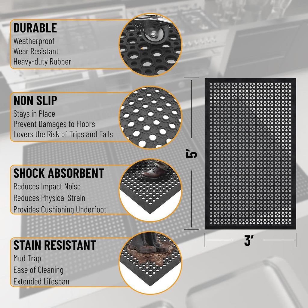 Ottomanson Heavy Duty Rubber Floor Mat – Non-Slip, Waterproof, Easy to Clean – Anti-Fatigue Mat for Commercial Kitchens, Restaurants, Workshops – Oil Resistant, Hose Washable – 36" x 60", Black