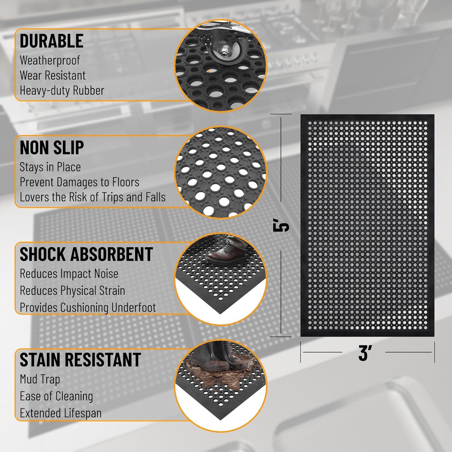 Ottomanson Heavy Duty Rubber Floor Mat – Non-Slip, Waterproof, Easy to Clean – Anti-Fatigue Mat for Commercial Kitchens, Restaurants, Workshops – Oil Resistant, Hose Washable – 36" x 60", Black