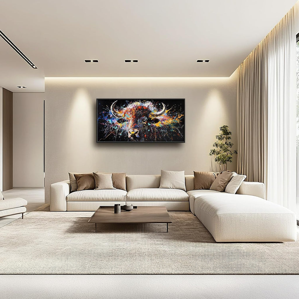 Framed Large Bison Buffalo Wall Art for Living Room, Oversized Graffiti Yak Cow Wall Decor Banksy Bull Canvas Painting Animal Pictures Modern Artwork for Living Room Bedroom Office 60"x30"