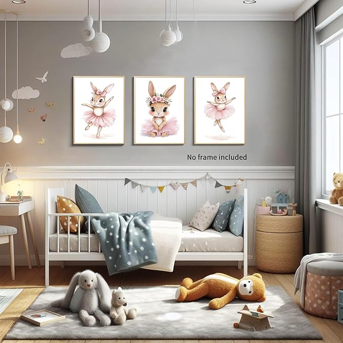 Kusag Baby Girl Nursery Posters Wall Decor, Easter Nursery Canvas Wall Art Paintings Set of 3, Cute Animal Pink Bunny Prints Pictures for Boys and Girls Room, Bedroom, Home Decor 12x16 In Unframed