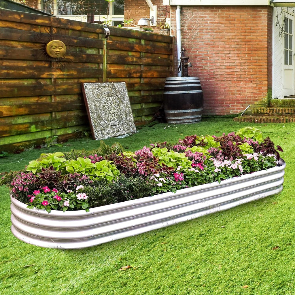 Land Guard 8ft Galvanized Raised Garden Bed Kit, Raised Garden Boxes Outdoor, Oval Metal Raised Garden Beds for Vegetables, Silver,108 Gallon Capacity(with 10 Connecting rods)
