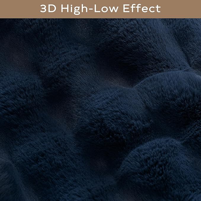 Ashler Faux Rabbit Fur Rectangular Carpet - Dark Blue 5x7 FT Fluffy Soft Area Rug, Machine Washable, 3D Bubble Pile