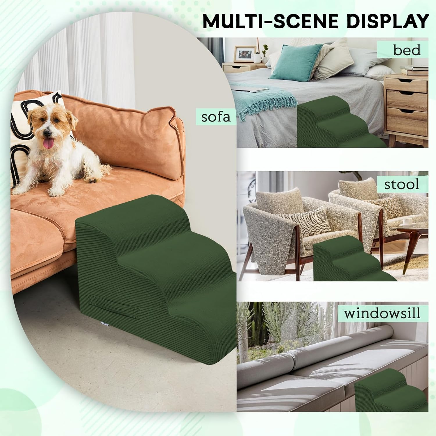 Dog Steps for Small Dogs, 3-Step Pet Ramp Stairs for High Beds and Sofa, Non-Slip Pet Stairs for Small Dogs and Cats, Removable and Easy to Clean Cover, Green