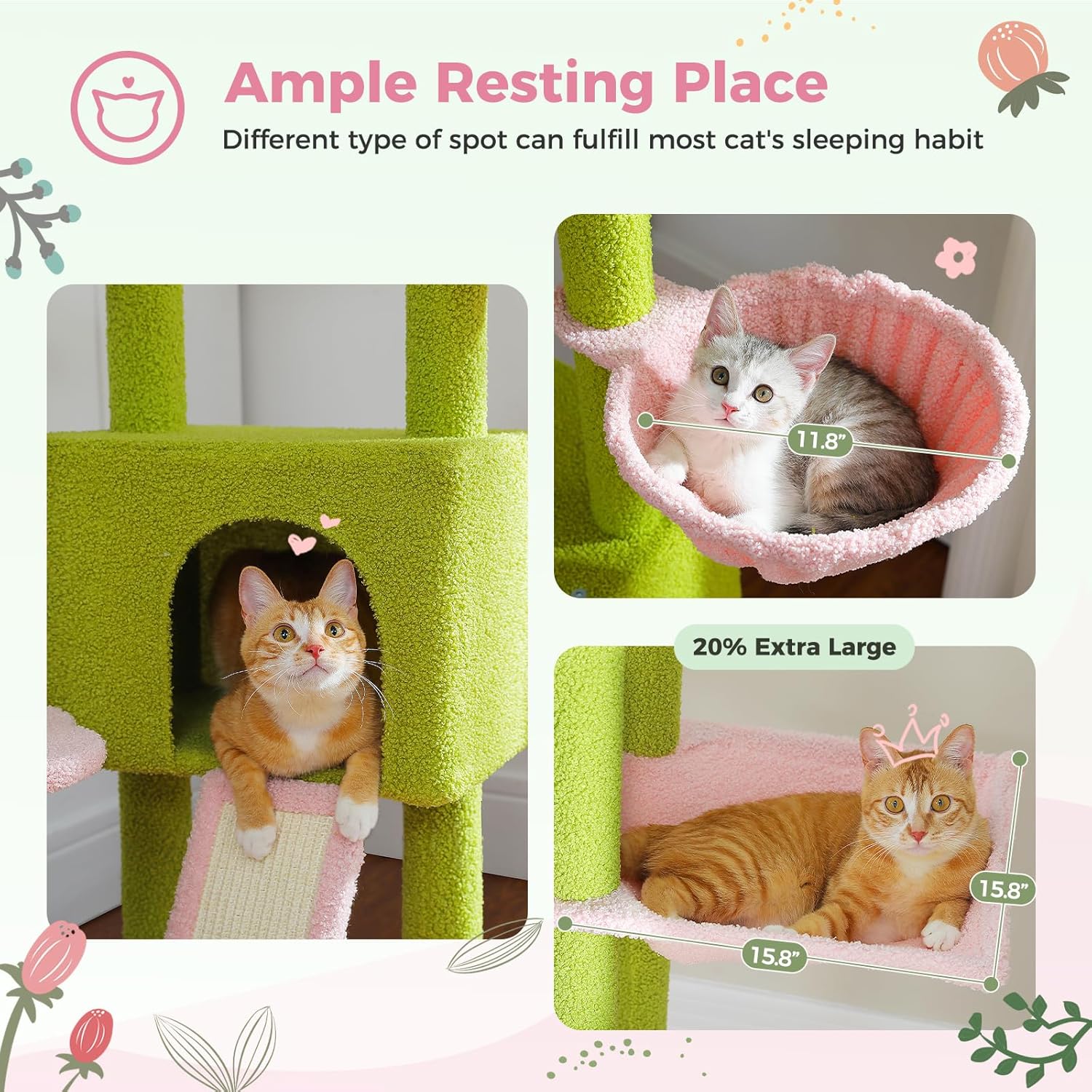 PEQULTI Tall Cat Tree Floor to Ceiling Cat Tower Adjustable Height (90.5''-100.4'' = 230cm-252cm) with Cat Condo, Cozy Hammock and Scratching Post, Pink Flower Climbing Tree for Indoor Cats, Pink