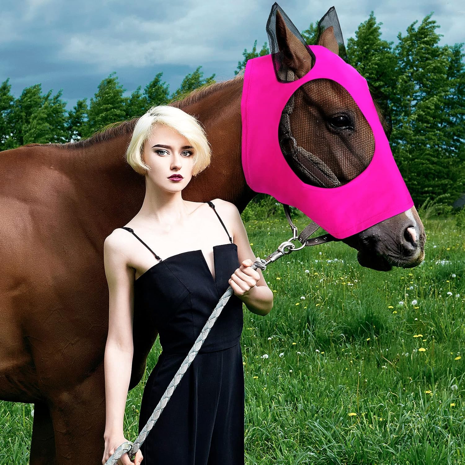 Frienda 4 Pcs Horse Fly Masks with Ears Head Fly Masks for Horses Smooth Elastic UV Protection Cover from Summer Insect Pests(Medium,Purple, Blue, Pink, Black)
