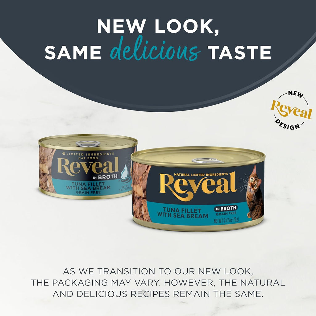 Reveal Natural Wet Cat Food, 24 Count, Grain Free, Limited Ingredient Canned Food for Cats, Tuna with Sea Bream in Broth, 2.47 oz Cans