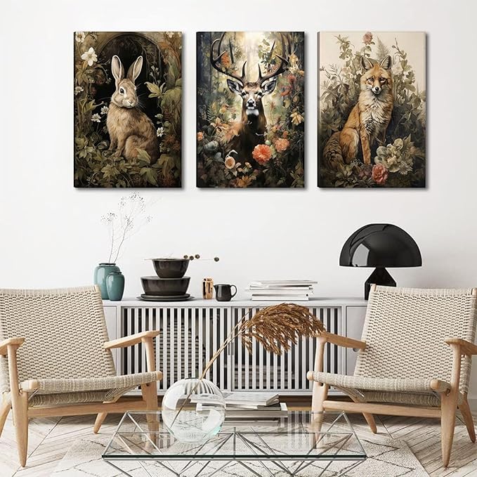 3pcs Vintage Forest Animal Canvas Wall Art Wild Animal Deer Rabbit Fox Paintings Pictures Dark Academia Wall Decor Gothic Botanical Posters Print Artwork for Living Room Office Decor 12x16in