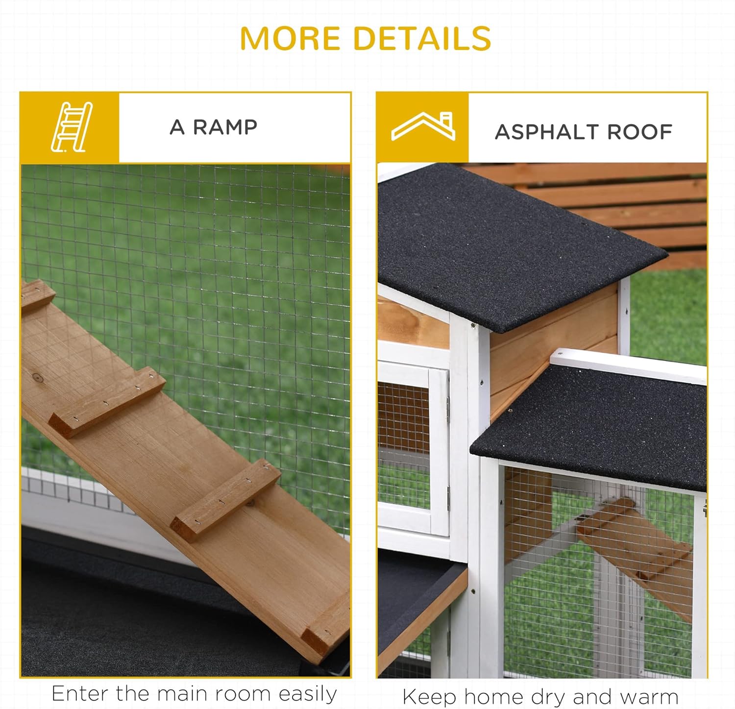 PawHut 62" Rabbit Hutch, Wooden Bunny Hutch, Guinea Pig Cage, Small Animal Enclosure with Run Area, Removable Tray, Asphalt Roof, Lockable Doors and Ramp, Nature Wood
