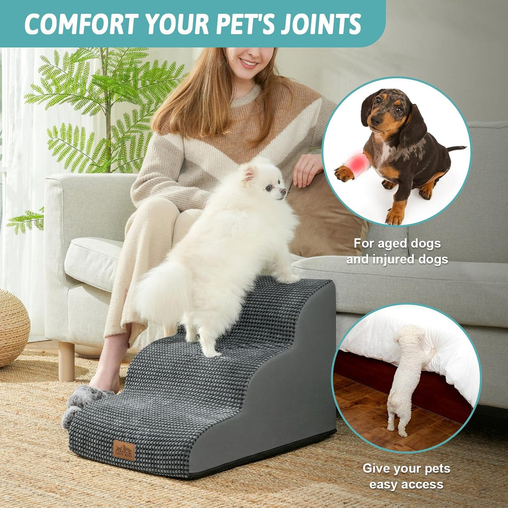 Dog Stairs for Small Dogs 15.7" H, Curved Dog Step for Puppy, Older Cat, Medium Pet Ramp for Sofa, Couch or Chair, Ladder with High Density Foam, 15.7x22.4x15.7 inch, 3 Step, Dark Grey