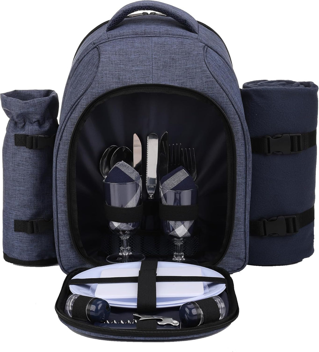 Apollo Walker Picnic Backpack Bag for 2 Person with Cooler Compartment, Detachable Bottle/Wine Holder, Fleece Blanket, Plates and Cutlery Set (2 Person, Navy)