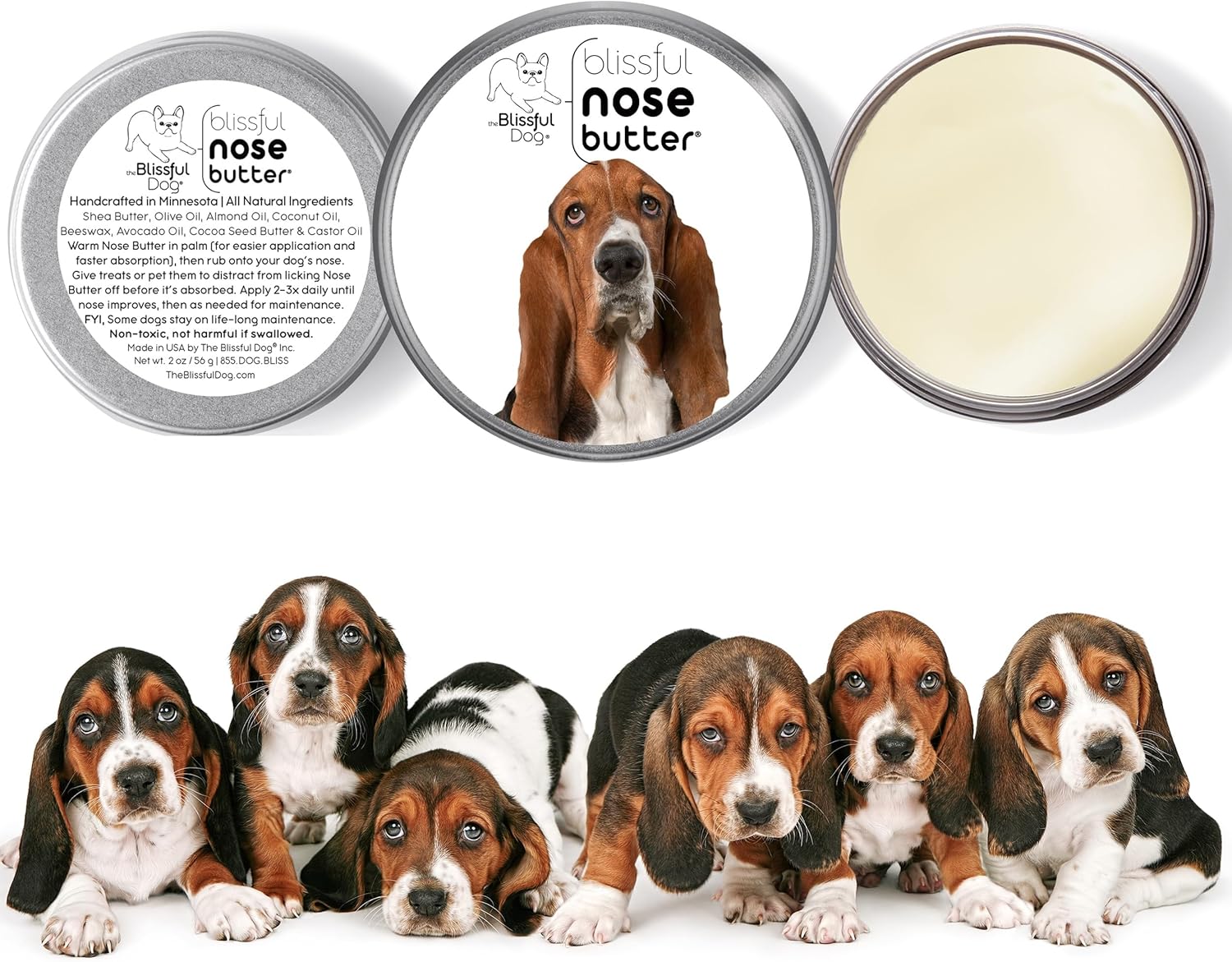 The Blissful Dog Basset Hound Nose Butter for Dry, Cracked Skin, Lick-Safe Dog Nose Balm with Moisturizing Shea Butter, Almond, Olive, and Essential Oils, Pet Supplies, Uncented, 2 oz.