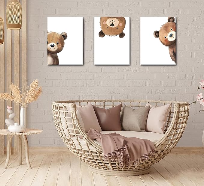 3Pcs Baby Teddy Bear Nursery Wall Art Peeking Bear Pictures Wall Decor Peekaboo Kids Room Decor Woodland Animal Posters Neutral Nursery Painting Canvas Print Artwork for Children's Baby Room Bedroom