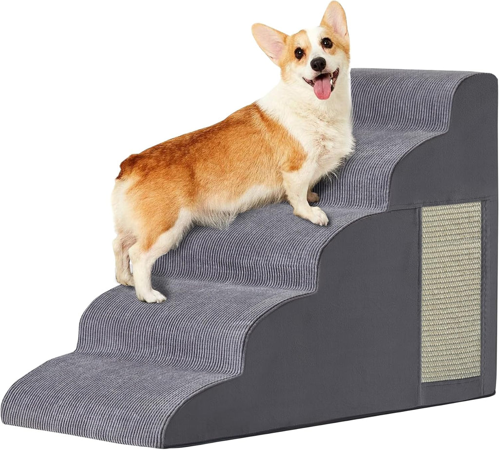 Pet Stairs, Dog Stairs for Small Dogs, Dogs Steps, 5-Step Curved Dog Ramp for Bed, Couch, Sofa, Car and Chairs, Non-Slip Bottom Design, Cat Scratching Board, High Density Foam Portable Pet Step, Grey