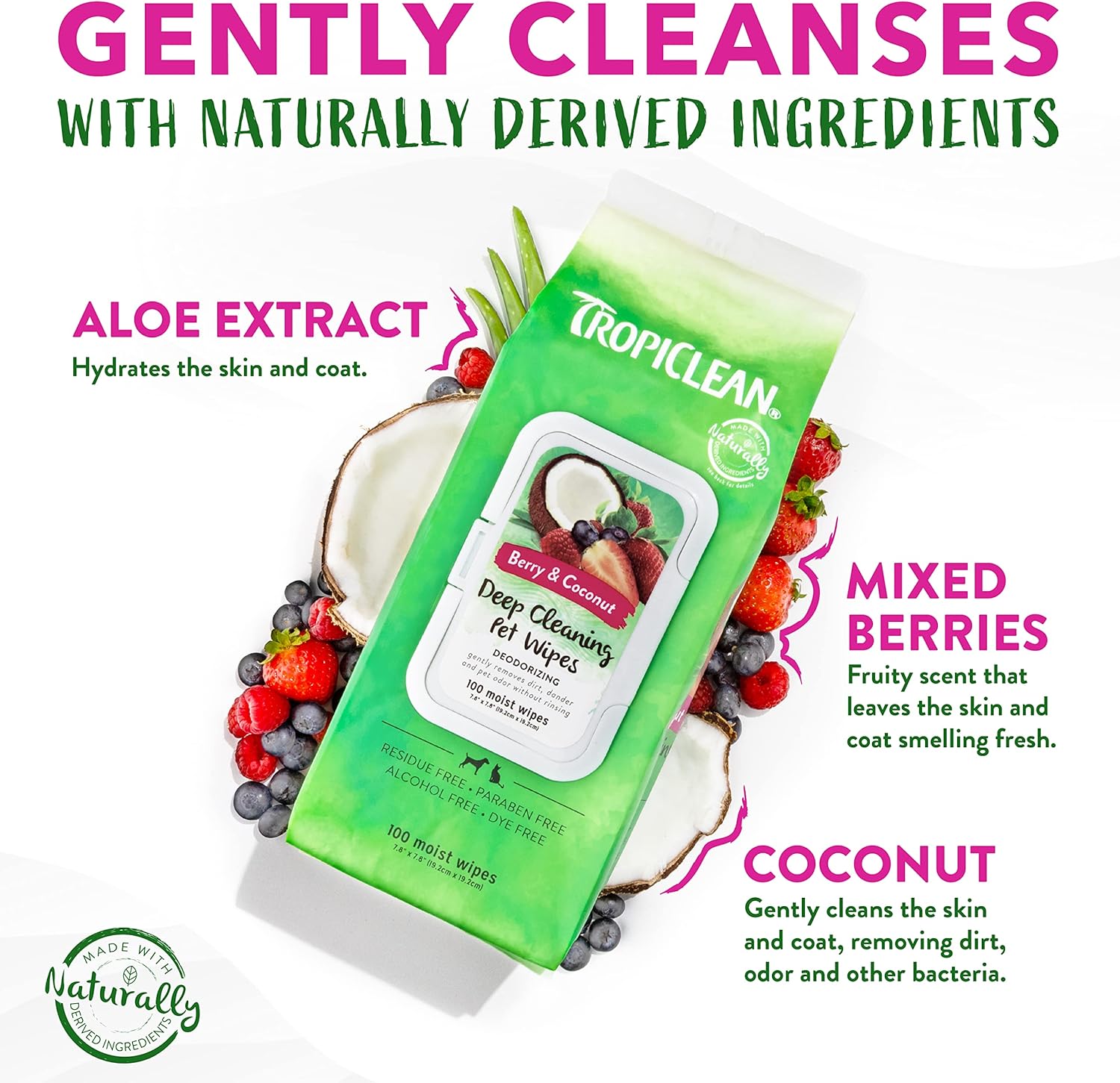 TropiClean Deep Cleaning Pet Wipes, 100ct - Wipes for Dogs & Cats - Gently Removes Dirt, Dander & Smells - for Pet Paws, Face, Body & Bottom - Sweet Berry & Coconut Scent