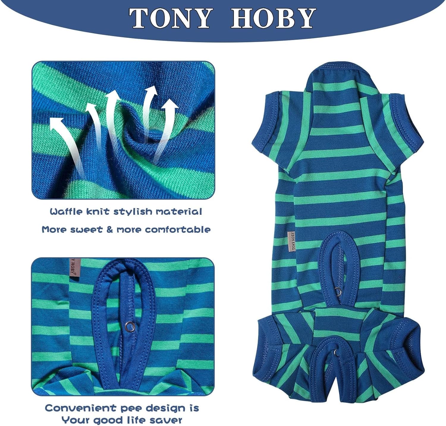 TONY HOBY Dog Pajamas for Female/Male, Dog Jumpsuit with Stripes for Small Medium Dogs, Soft and Comfortable 4 Legged Pajamas Dogs Clothes (Blue&Green, Boy, XS)