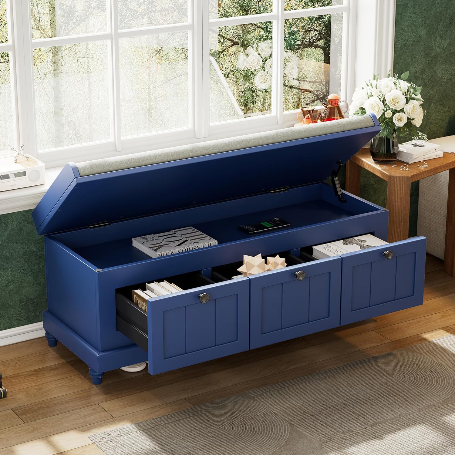 Classic Shoe Storage Bench with Cushion and Three Drawers, Fluted Entryway Bench with Storage for Entryway, Living Room, Hallways 44.0" L x 15.9" W x 18.9" H Antique Navy