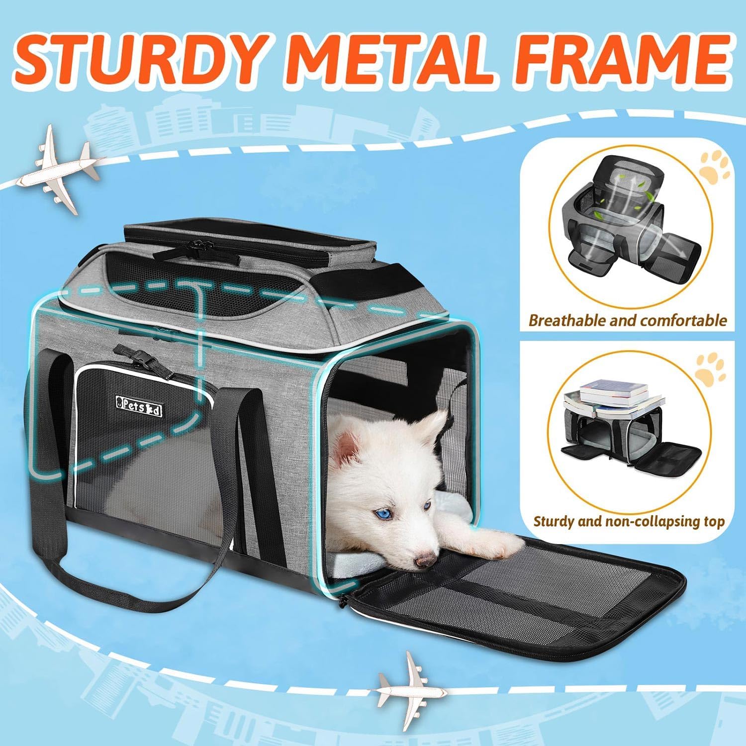 Petskd Top-Expandable Pet Carrier 17x12x8.5 Inches JetBlue Allegiant Spirit Airline Approved, Soft-Sided Carrier for Small Cats and Dogs with Locking Safety Zippers and Anti-Scratch Mesh(Grey)