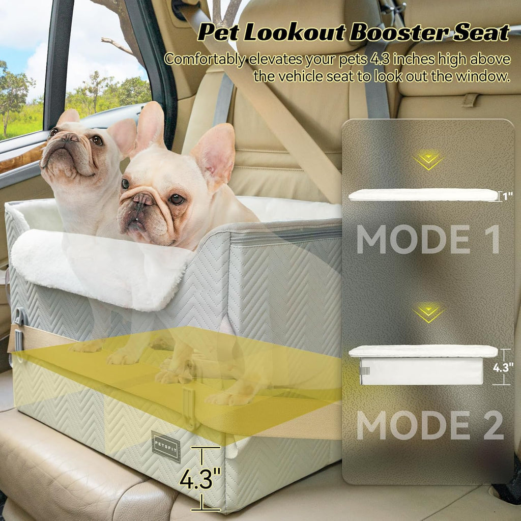 PETSFIT Dog Booster Car Seat, Waterproof PU Leather Car Seat for Dogs with Patented Safe Buckles, 2 Clip-On Safety Leashes, Suitable for 2 Small Dogs or a Medium Dog (Medium, Grey)